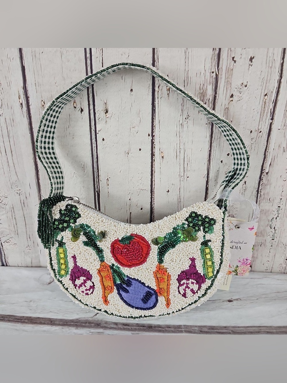 NWT Handmade in India Garden Vegetable Beaded Shoulder Bag White Multi TJ Maxx - Picture 2 of 13